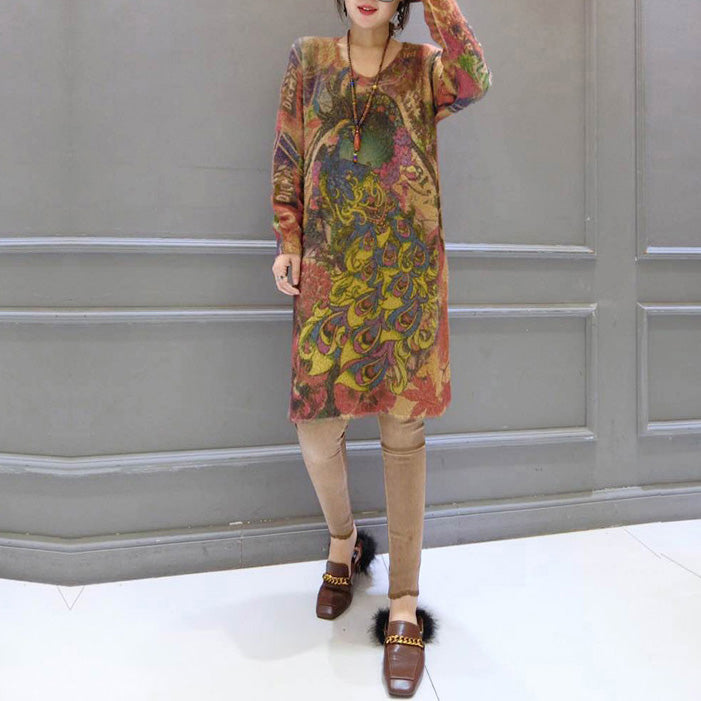 2024 Vintage elastische Wollpullover Kleider lose Phoenix Print lässige Frauen gemütliche Strickkleid