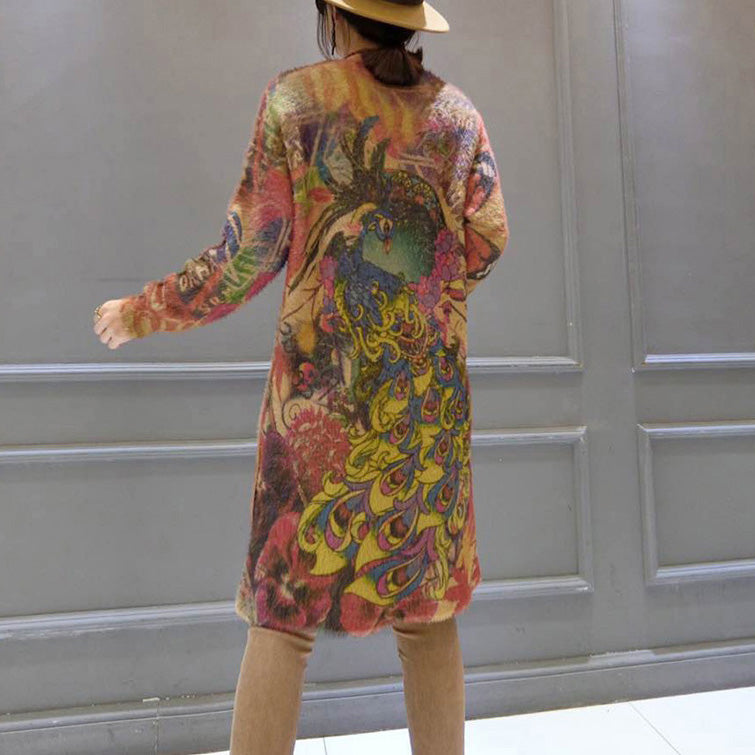 2024 Vintage elastische Wollpullover Kleider lose Phoenix Print lässige Frauen gemütliche Strickkleid