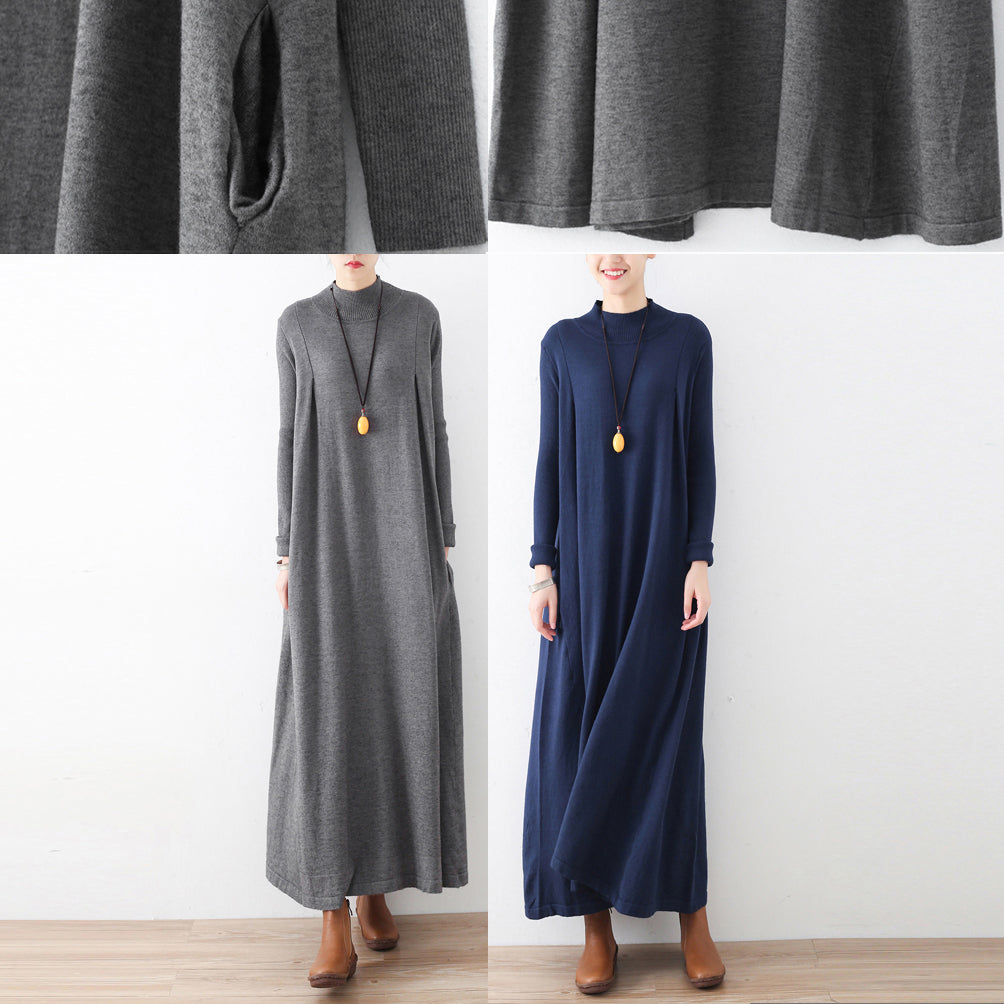 2024 Winter grau stricken Maxi-Kleider elegante warme Wollkleider Kaftane Kleid
