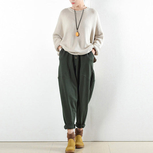 2024 Winterhose grün warme Baumwolle Karottenhose Oversize elastischer Bund bis 104cm