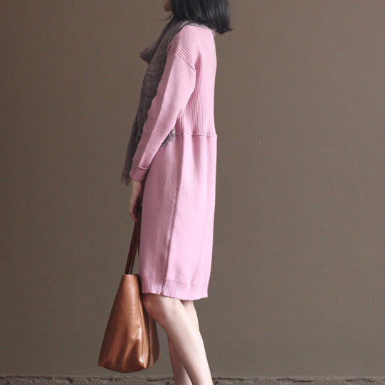 2024 Winter rosa Kaninchen Wollmischung Pullover Kleider lose Vintage Strickkleid