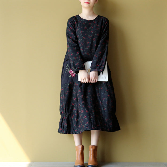 2024 Winter warme Stickerei Blumen Baumwollkleider Oversize Print Patchwork Leinen dickes Maxikleid