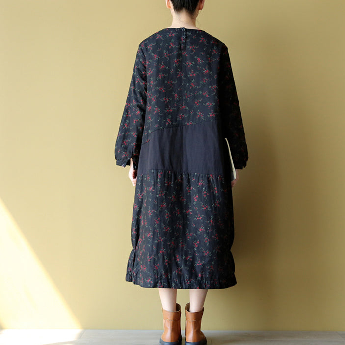 2024 Winter warme Stickerei Blumen Baumwollkleider Oversize Print Patchwork Leinen dickes Maxikleid