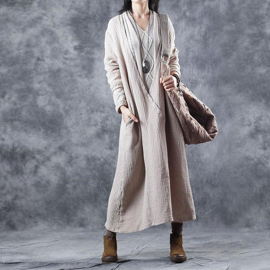 2018 New Casual Quilted Cotton Linen Sweater Dresses Women Loose Clothes - SooLinen