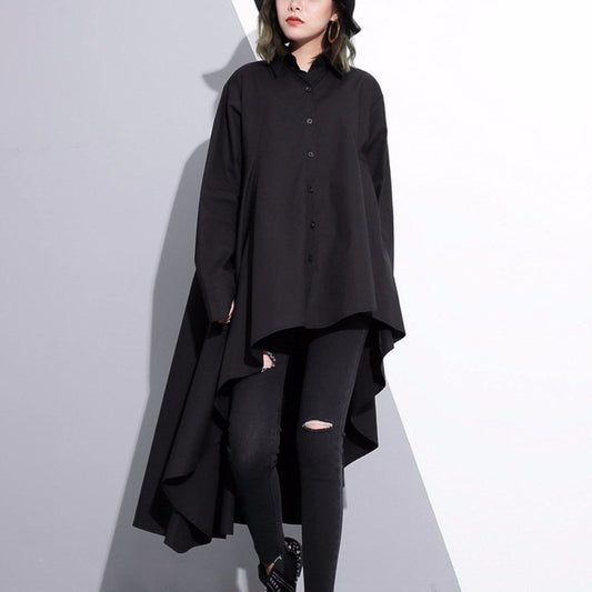 2019 black cotton tops plus size clothing cotton clothing blouses fine low high design lapel collar cotton tops - SooLinen