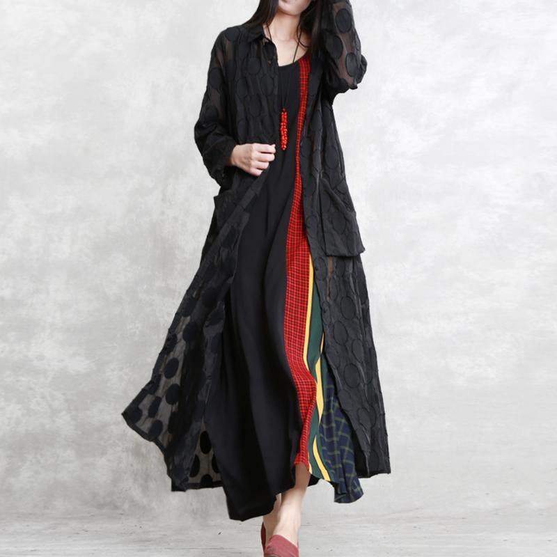 2019 black dotted Jacquard coats plus size Turn-down Collar outwear fine long sleeve pockets long coat - SooLinen