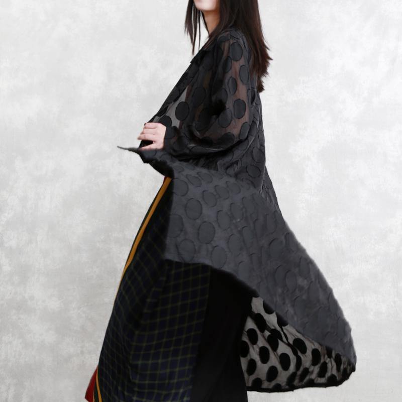 2019 black dotted Jacquard coats plus size Turn-down Collar outwear fine long sleeve pockets long coat - SooLinen