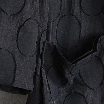 2019 black dotted Jacquard coats plus size Turn-down Collar outwear fine long sleeve pockets long coat - SooLinen