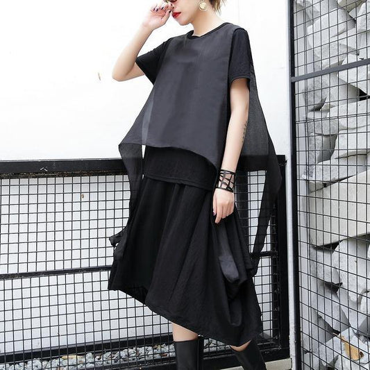 2019 black pure linen tops plus size traveling clothing casual patchwork faux two pieces tops - SooLinen