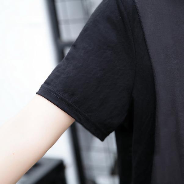 2019 black pure linen tops plus size traveling clothing casual patchwork faux two pieces tops - SooLinen