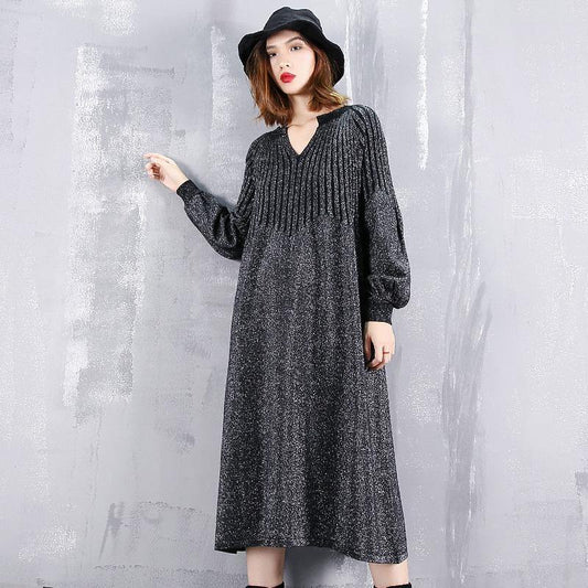 2019 black sweater dress plus size v neck sweater vintage baggy Cinched winter dress - SooLinen