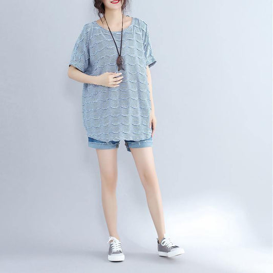 2019 blue cotton topscasual traveling blouseNew o neck striped brief t shirt - SooLinen