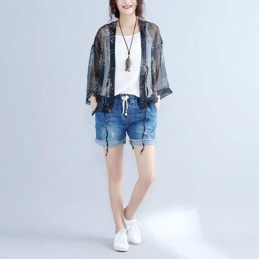 2019 casual gray prints silk cardigans oversize long sleeve tie bust tops - SooLinen