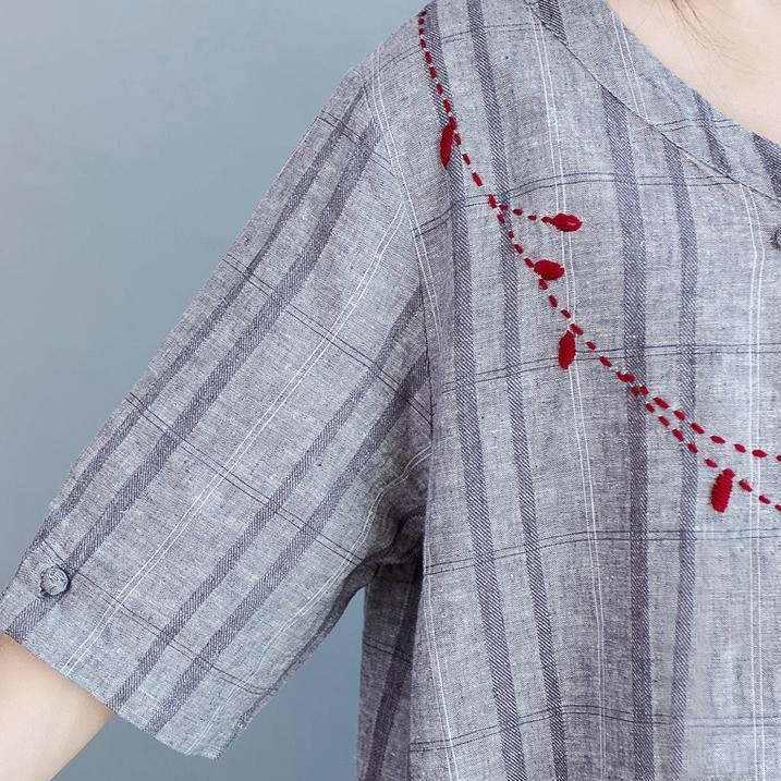 2018 light gray Plaid cotton linen dresses casual half sleeve pockets women o neck embroidery cotton linen clothing dresses - SooLinen