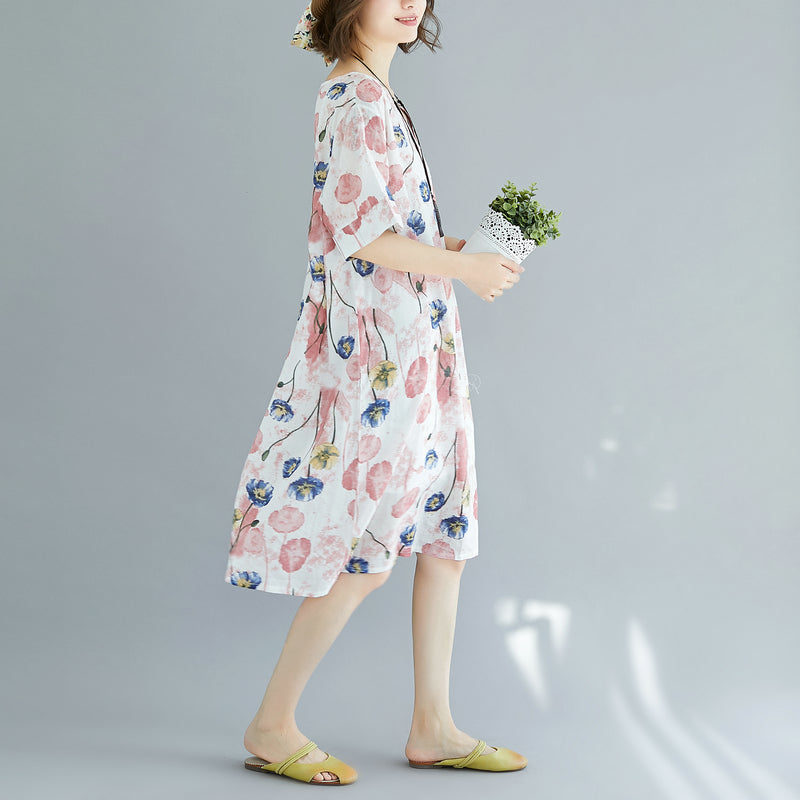 2024 rosa Midi-Baumwollkleider trendiges Baumwollkleid in Übergröße Elegantes kurzärmliges Baumwollkleid mit V-Ausschnitt und Blumenmuster