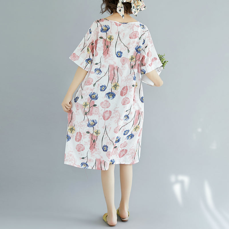 2024 rosa Midi-Baumwollkleider trendiges Baumwollkleid in Übergröße Elegantes kurzärmliges Baumwollkleid mit V-Ausschnitt und Blumenmuster