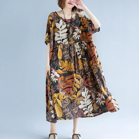 2018 print long cotton linen dresses oversized short sleeve gown vintage o neck baggy dresses linen clothing dress - SooLinen