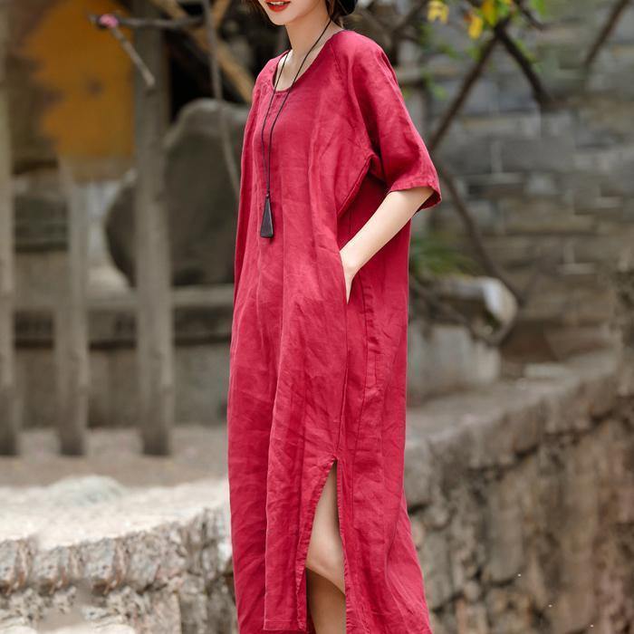 2018 red embroider fabric long linen dress plus size o neck side open traveling dress vintage half sleeve baggy dresses - SooLinen