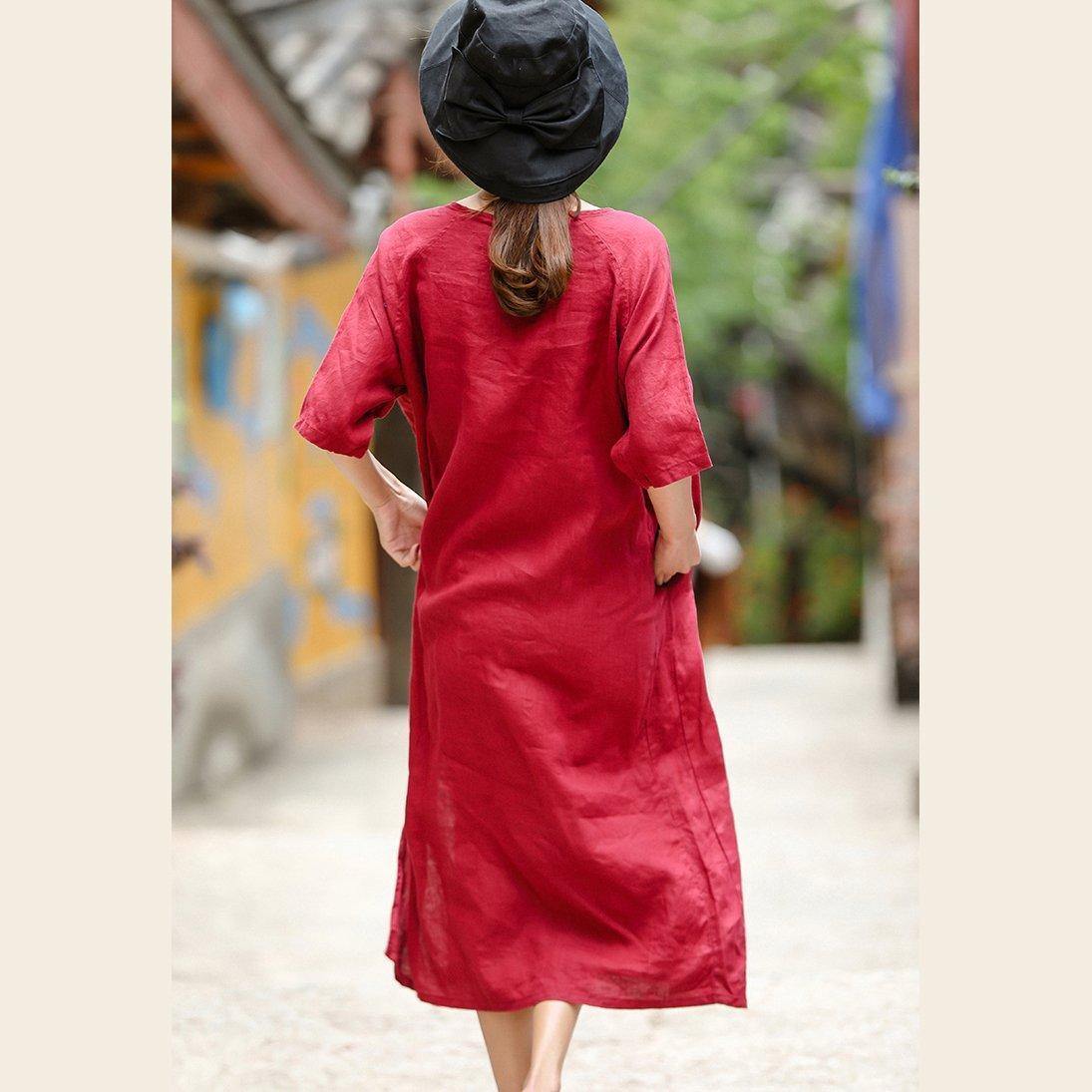 2018 red embroider fabric long linen dress plus size o neck side open traveling dress vintage half sleeve baggy dresses - SooLinen