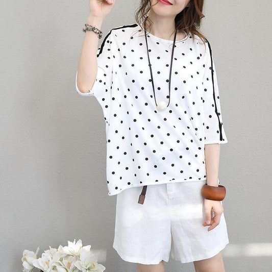 2018 white cotton tops plus size shirts Fine batwing sleeve dotted cotton tops - SooLinen