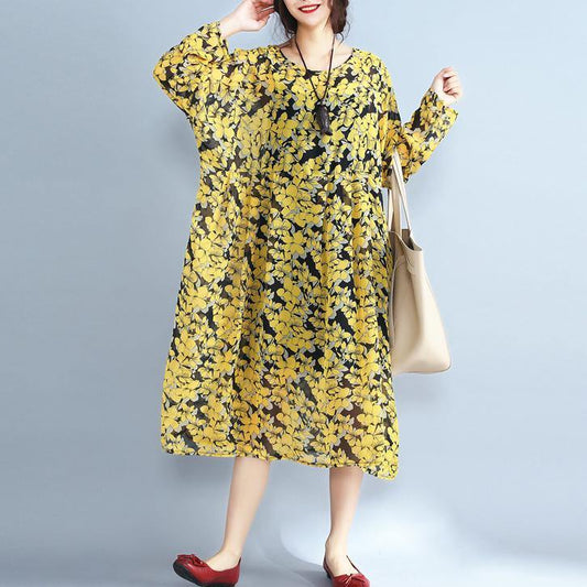 2018 yellow floral natural chiffon dress Loose fitting o neck traveling dress - SooLinen