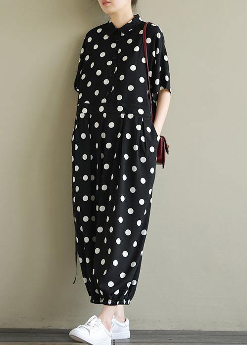 2019 Fine black dotted lapel half sleeve jumpsuit pants - SooLinen