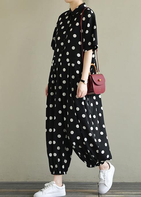 2019 Fine black dotted lapel half sleeve jumpsuit pants - SooLinen