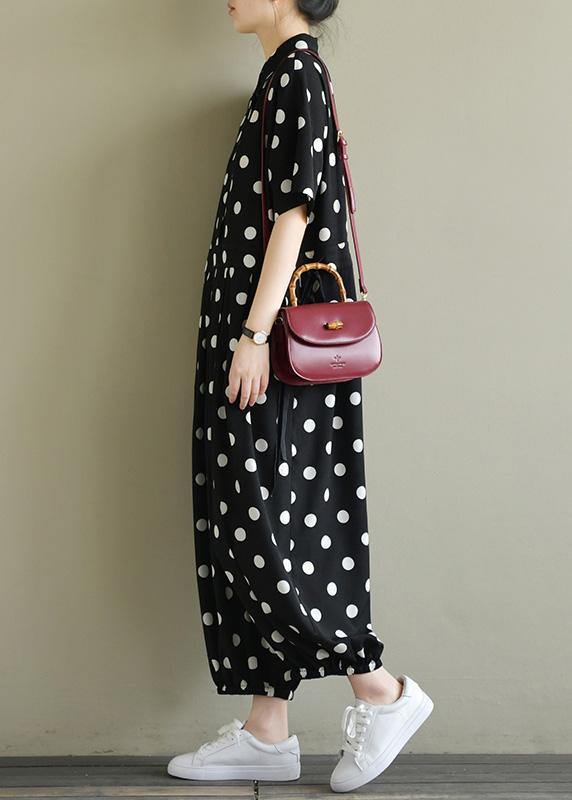 2019 Fine black dotted lapel half sleeve jumpsuit pants - SooLinen