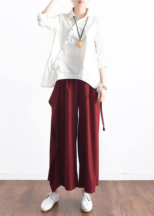 2019 autumn original design literary retro tie irregular wide leg casual burgundy pants - SooLinen