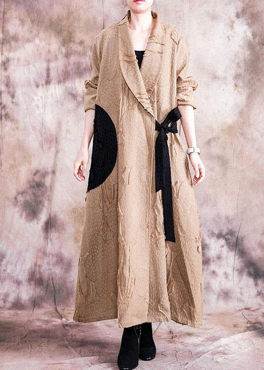 2019 khaki Coat Women plus size clothing fall turn-down collar tie waist Coats - SooLinen