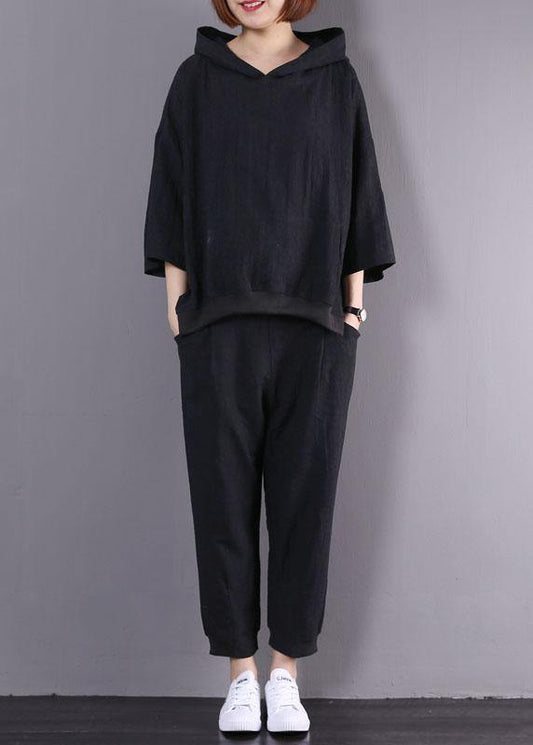 2019 new black cotton linen two pieces hooded pullover and elastic waist pants - SooLinen