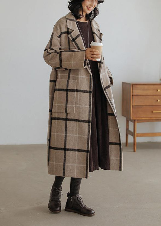 2019 plaid wool coat plus size Notched pockets long woolen outwear - SooLinen