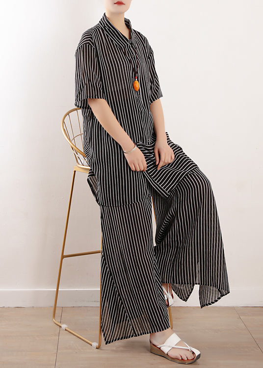 2019 Sommer neue schwarze lose Chiffon-Hemd und lässige Hose mit weitem Bein zwei Stücke