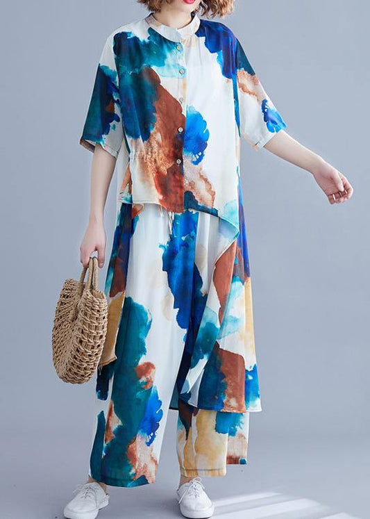 2019 summer new large size women's chiffon print sleeveless shirt + casual wide leg pants suit - SooLinen