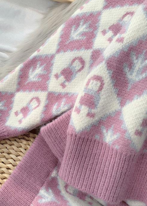 2021 autumn and winter new fashion temperament cartoon pattern sweater set round neck sweater half skirt two-piece set - SooLinen