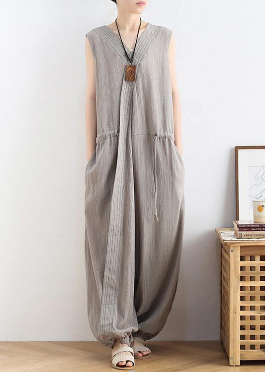2021 lace-up waist light gray wide leg jumpsuit female summer cotton and linen jumpsuit - SooLinen