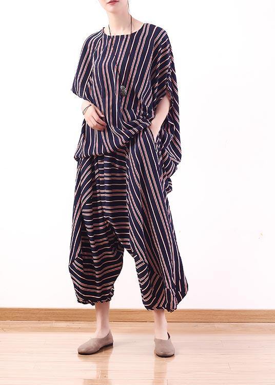 2021 New Stripe Women's Loose Size Bat Sleeve Top Lantern Pants Set in Summer - SooLinen