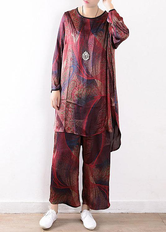 2021 Summer New Red Print Chiffon Suit Loose Shirt + Wide Leg Pants - SooLinen