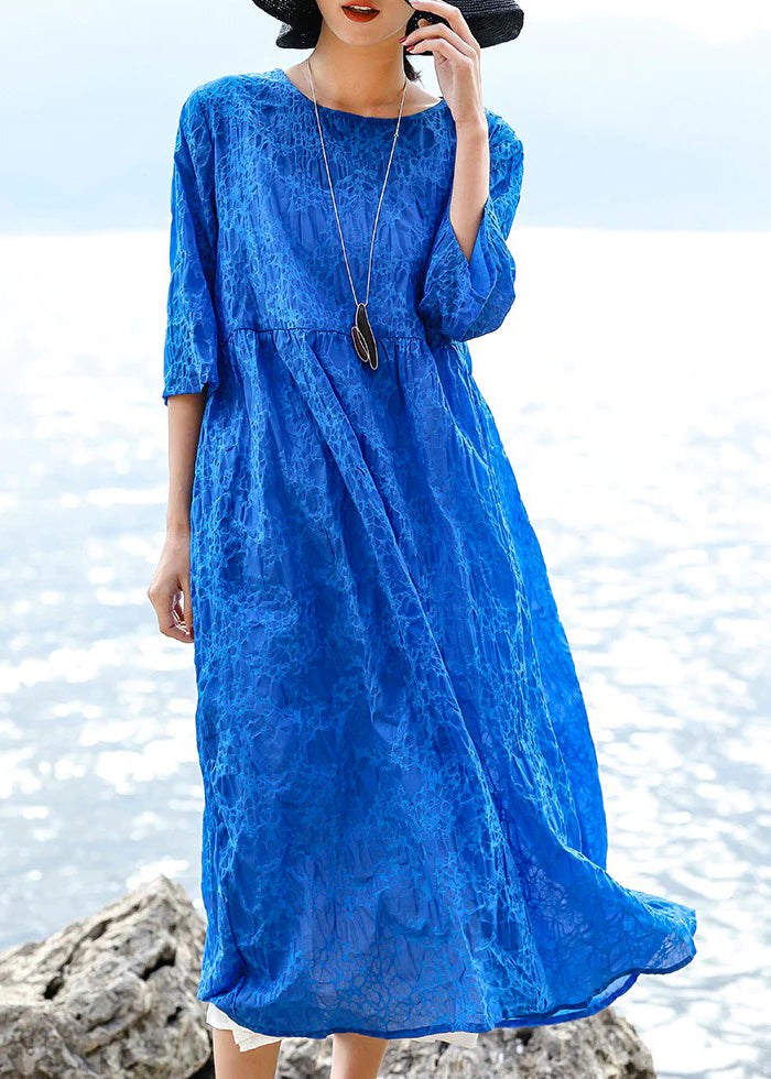 Vintage blaues Leinenkleid aus natürlicher Seide Locker sitzende O-Ausschnitt-Kleidung aus Seidenleinen für Damen Dreiviertelärmelige Baggy-Kleider