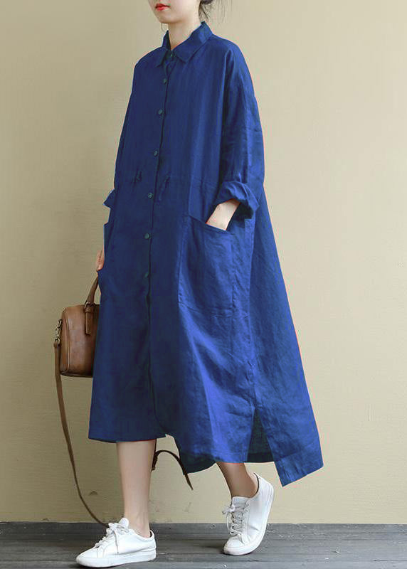 Blaues Leinenhemdkleid Lässige Oversize-Maxikleider für den Frühling
