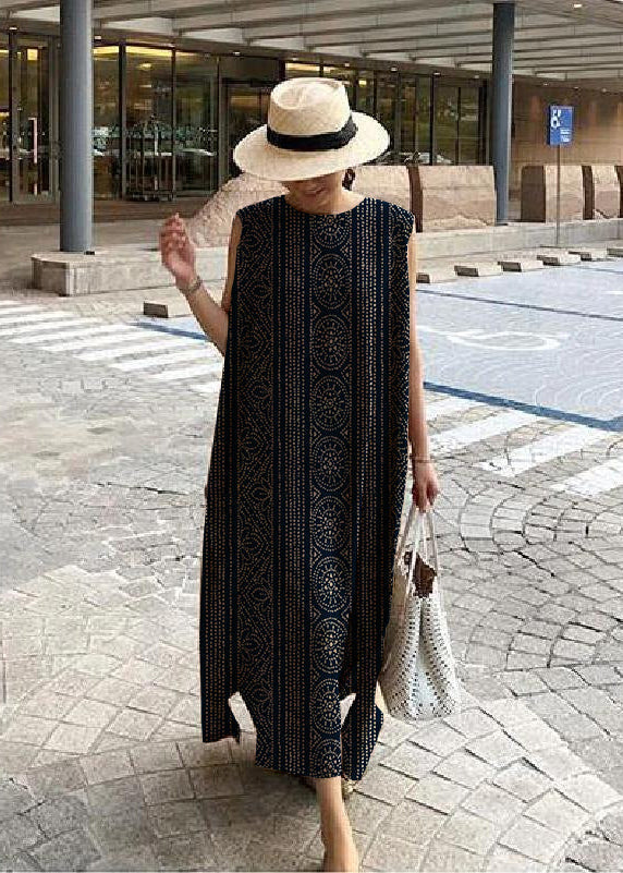 Bohemian O Neck Seite Offen Leinen Baumwolle Kleidung Stoffe Grün polka dots Kleid
