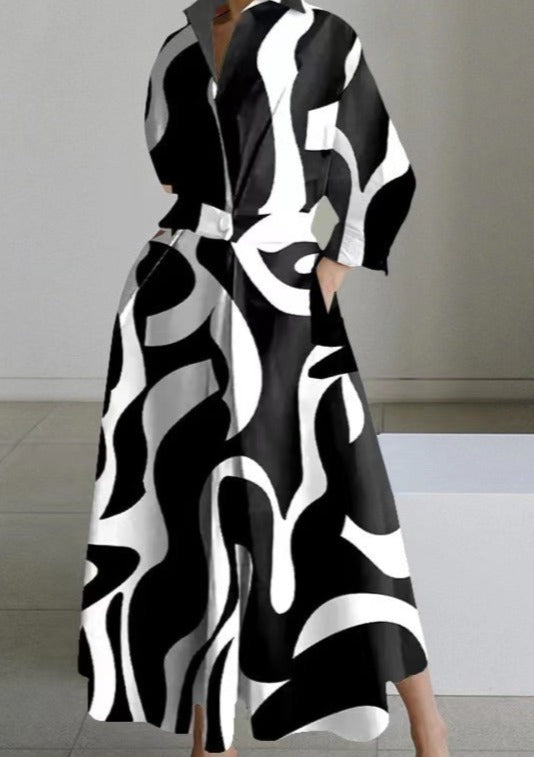 2024 Blau und weiß streifen Peter Pan Kragen Taschen Baumwolle Kleid Langarm