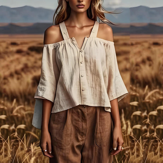 Tailliertes weißes Leinentop mit kalten Schultern für den Sommer