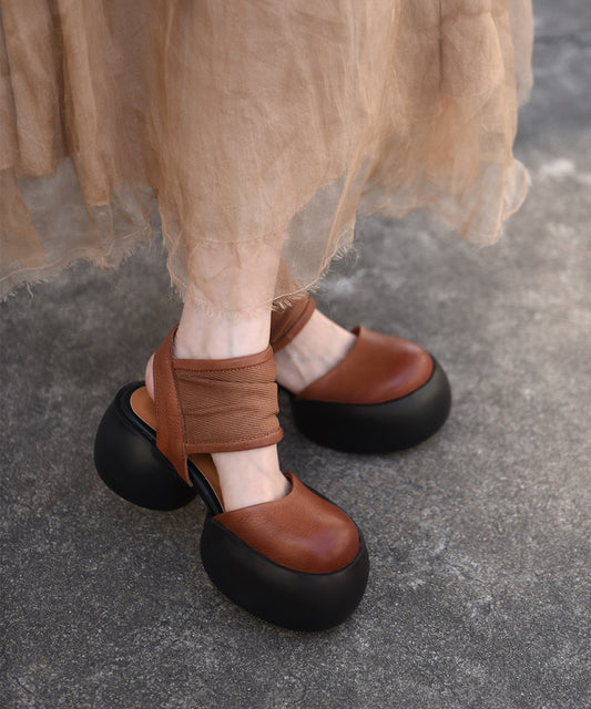 2025 New Black Cowhide Leather Chunky Sandals