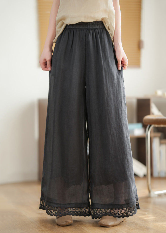 2025 New Black Lace Patchwork Elastic Waist Linen Wide Leg Pants Summer