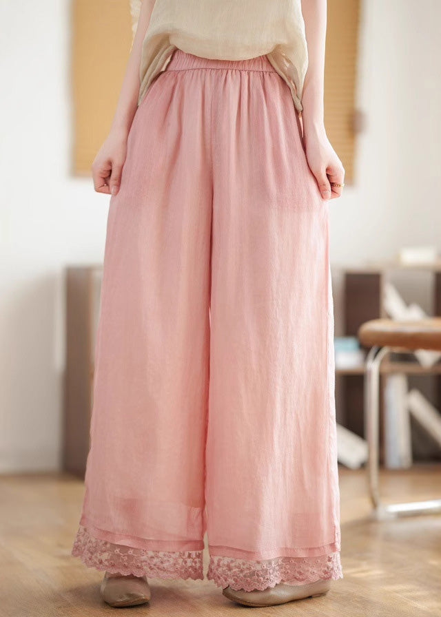 2025 New Black Lace Patchwork Elastic Waist Linen Wide Leg Pants Summer