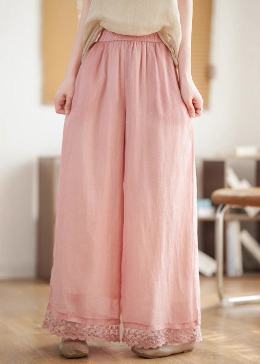 2025 New Black Lace Patchwork Elastic Waist Linen Wide Leg Pants Summer