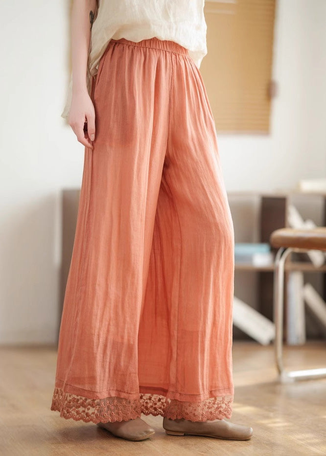 2025 New Black Lace Patchwork Elastic Waist Linen Wide Leg Pants Summer
