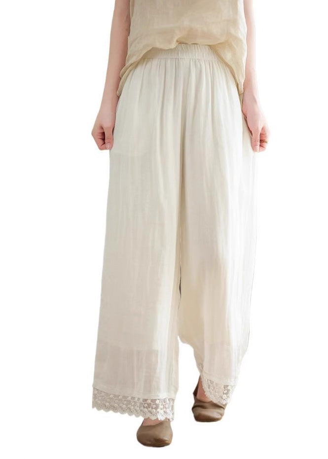 2025 New Black Lace Patchwork Elastic Waist Linen Wide Leg Pants Summer