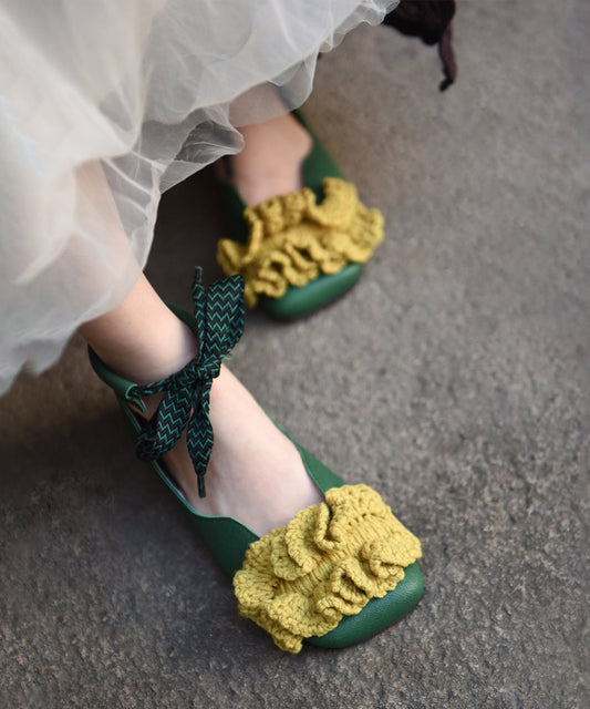 2025 New Floral Splicing Flat Shoes Caramel Sheepskin Lace Up